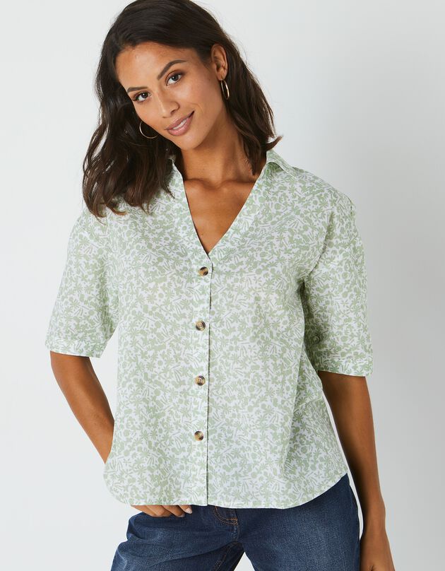 Chemise manches coudes imprimé fleuri, spécial petites (vert amande / blanc)
