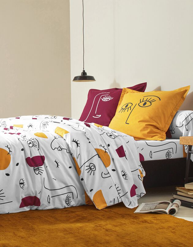 Linge de lit Vitaly coton à motifs visages (blanc)