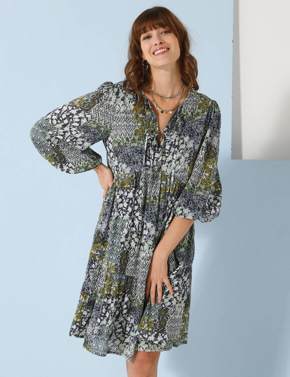 Robe évasée à volant, imprimé (bleu vert)
