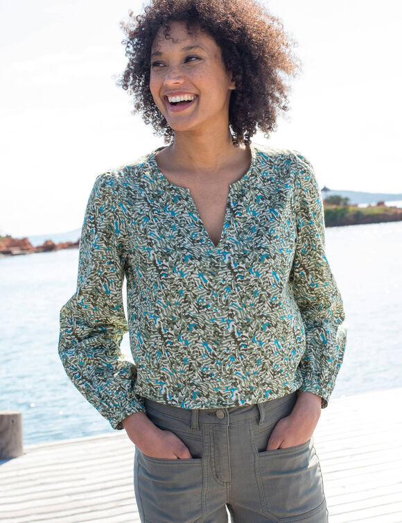 Blouse imprimée en coton ,col fendu (kaki / écru)