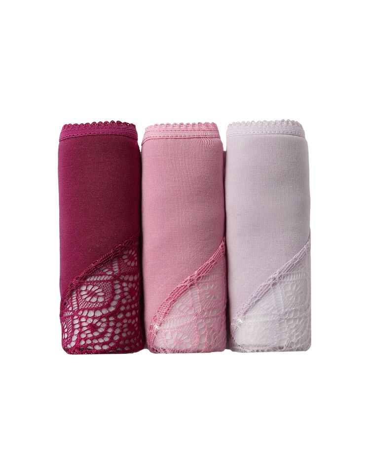 Culotte forme maxi coton uni stretch et dentelle - lot de 3 (poudre + rose + bordeaux) Culotte forme maxi coton uni stretch et dentelle - lot de 3 (poudre + rose + bordeaux)