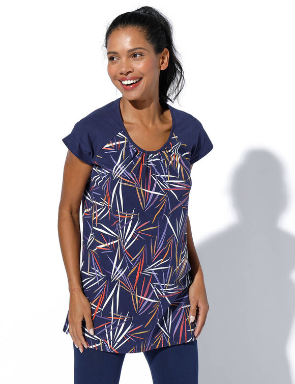 Tee-shirt imprimé encolure froncée, manches courtes (marine / multicolore)