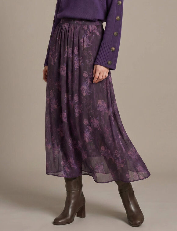 Jupe en voile imprim&eacute; fleurs, volume jupon (violet)