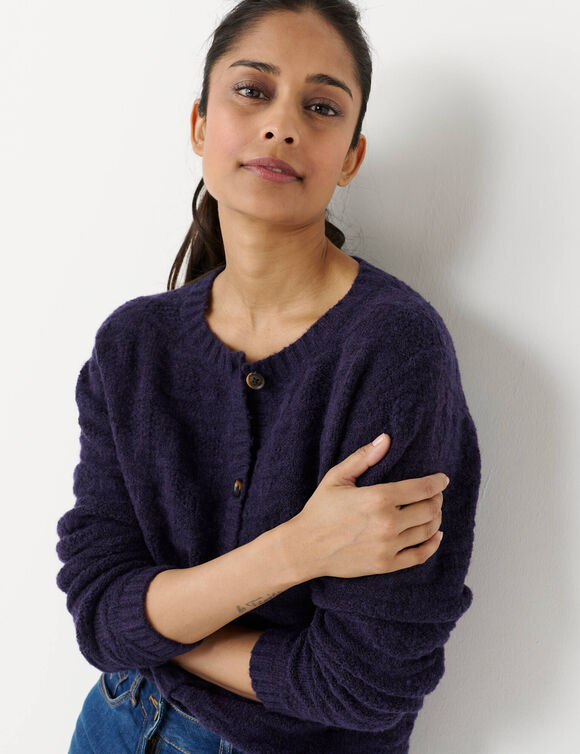 Gilet boutonn&eacute;, maille fantaisie en laine m&eacute;lang&eacute;e (marine)