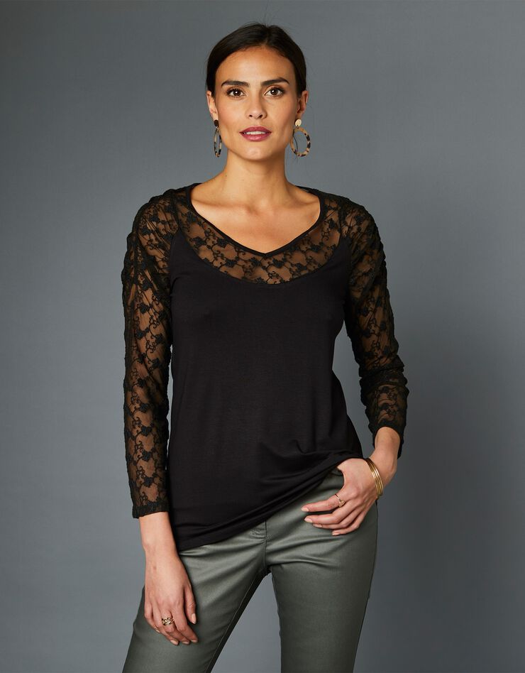 Tee-shirt résille brodée manches 3/4 (noir) Tee-shirt résille brodée manches 3/4 (noir)