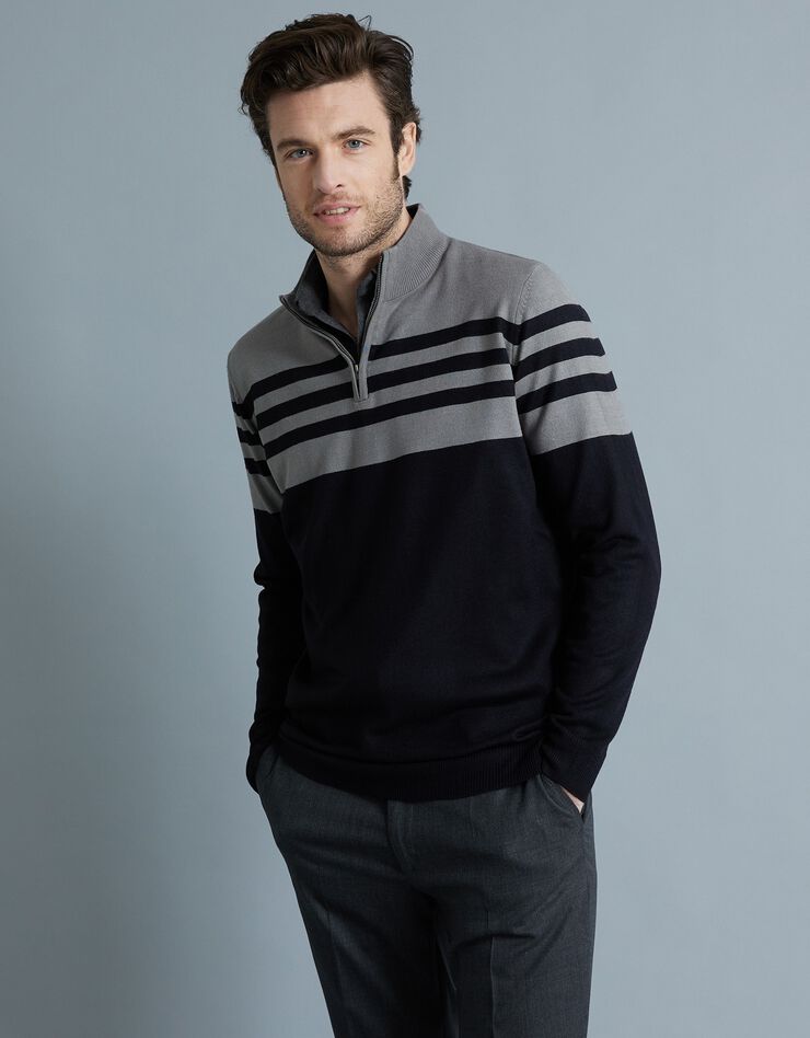 Pull rayé col montant zippé toucher cachemire (noir / gris chiné) Pull rayé col montant zippé toucher cachemire (noir / gris chiné)