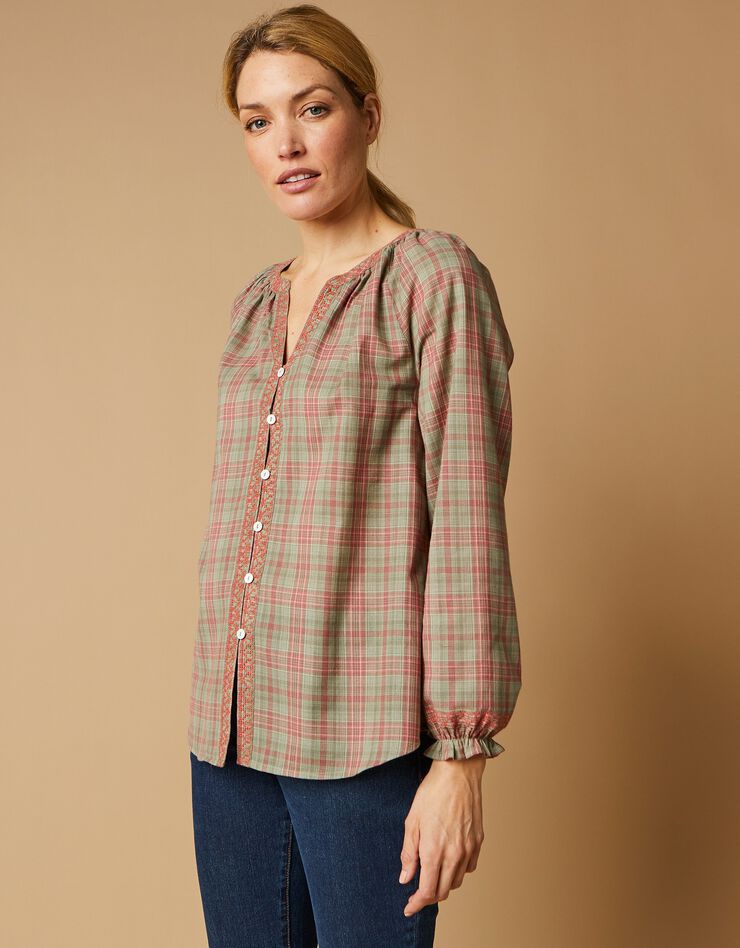 Blouse boutonnée brodée imprimée carreaux (kaki / rose) Blouse boutonnée brodée imprimée carreaux (kaki / rose)