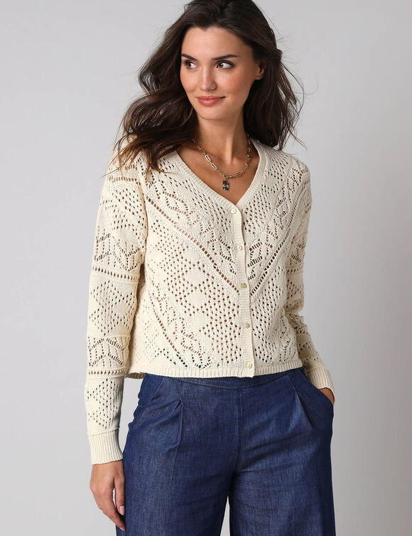 Gilet boutonn&eacute; en coton ajour&eacute; manches longues (naturel)