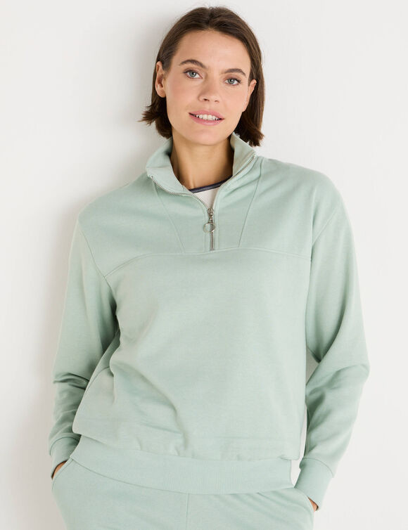 Sweat col montant zipp&eacute; en molleton gratt&eacute; (vert clair)