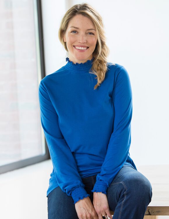 T-shirt col montant manches smockées (bleu dur)