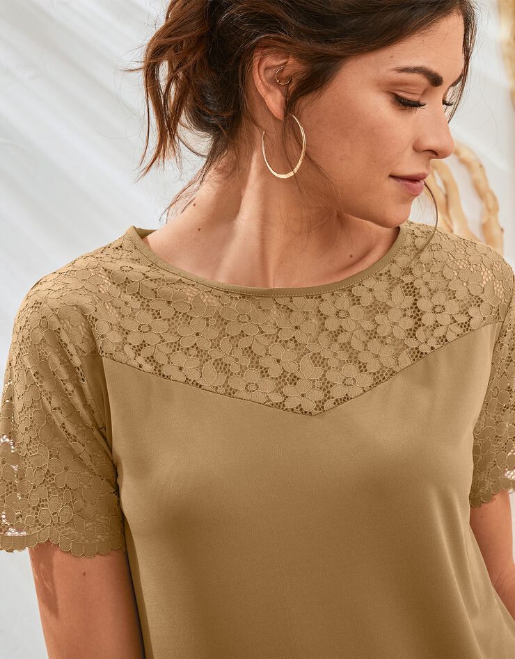 Tee-shirt dentelle col rond manches courtes uni (tabac) Tee-shirt dentelle col rond manches courtes uni (tabac)