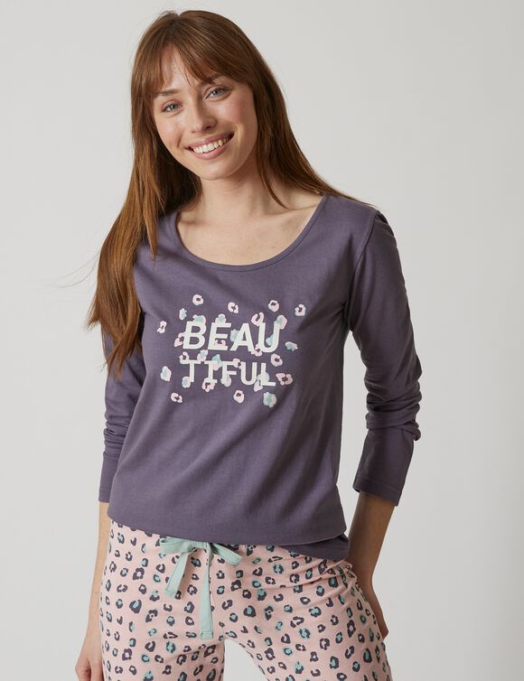 Tee-shirt manches longues coton uni imprimé placé "Beautiful" (gris anthracite)
