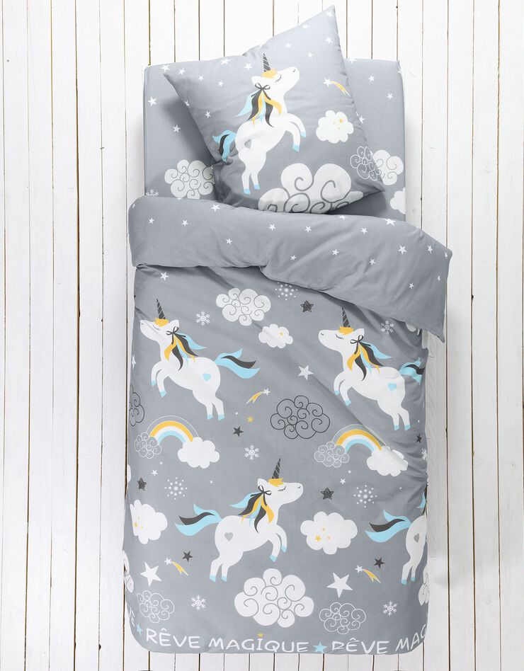 Linge de lit enfant Lilou imprimé licorne 1 personne - coton (gris)