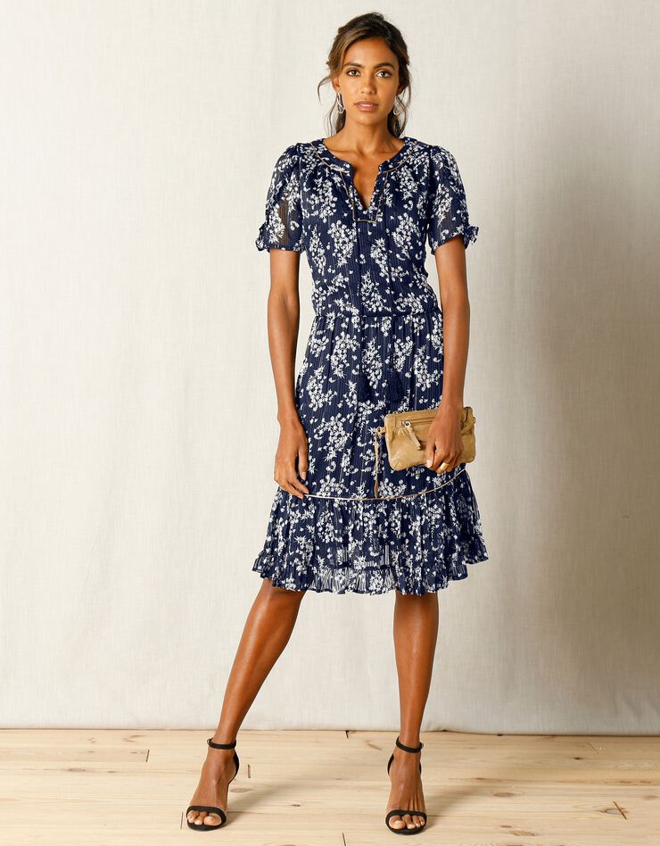 Robe imprimé floral, voile jacquard (marine / blanc)