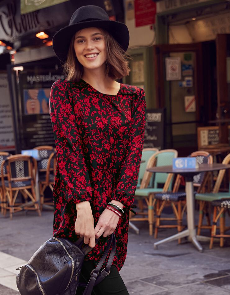 Tunique évasée imprimée crêpe fluide (noir / rouge) Tunique évasée imprimée crêpe fluide (noir / rouge)