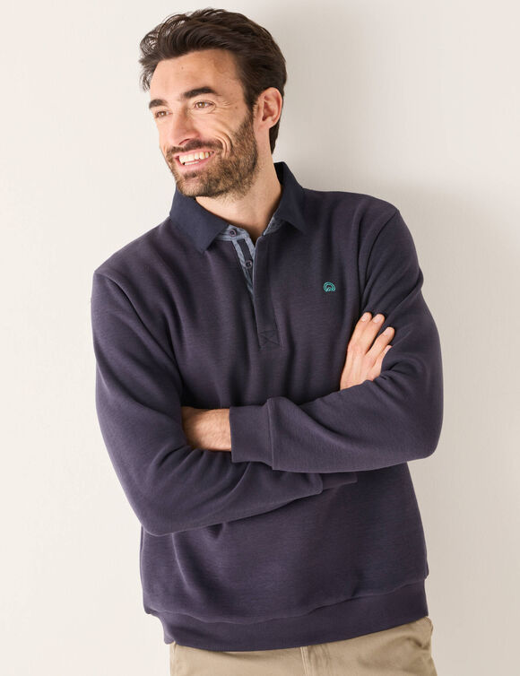 Sweat chaud col polo brodé poitrine maille côtelée (marine)