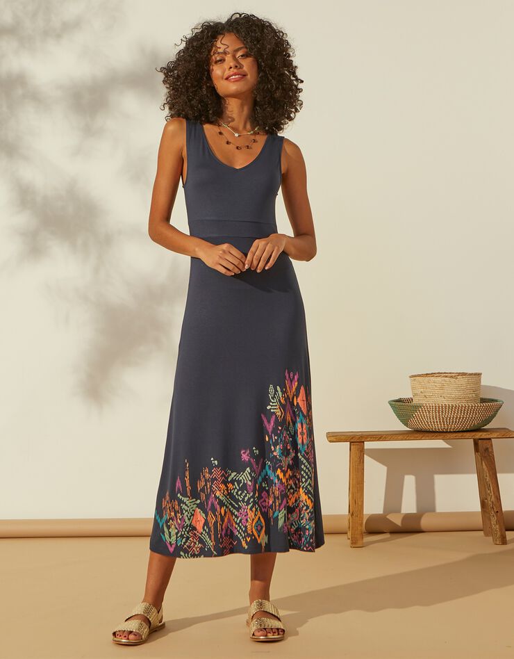 Robe longue sans manches, imprimé en base (marine / corail) Robe longue sans manches, imprimé en base (marine / corail)