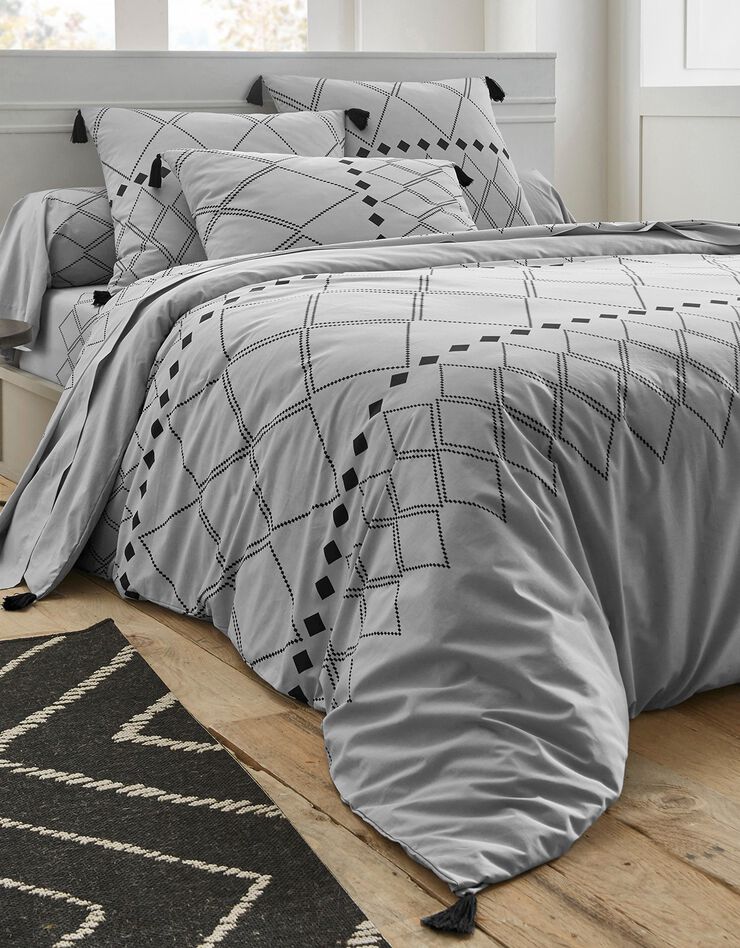 Linge de lit Massai coton à motifs graphiques et finitions pompons (gris)