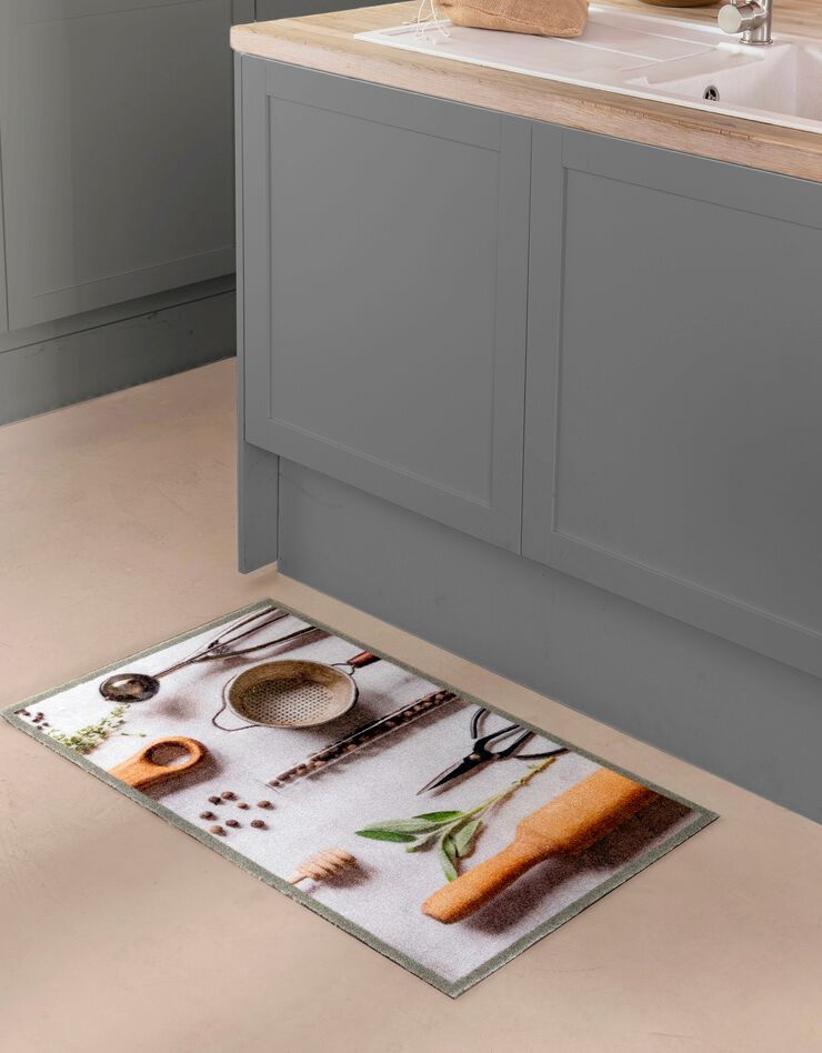 Tapis de cuisine velours photo-impression ustensiles (gris)