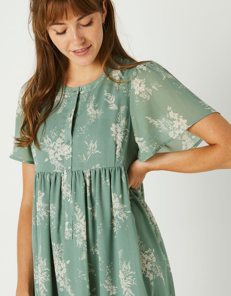 Robe évasée, voile imprimé bicolore (vert / écru)