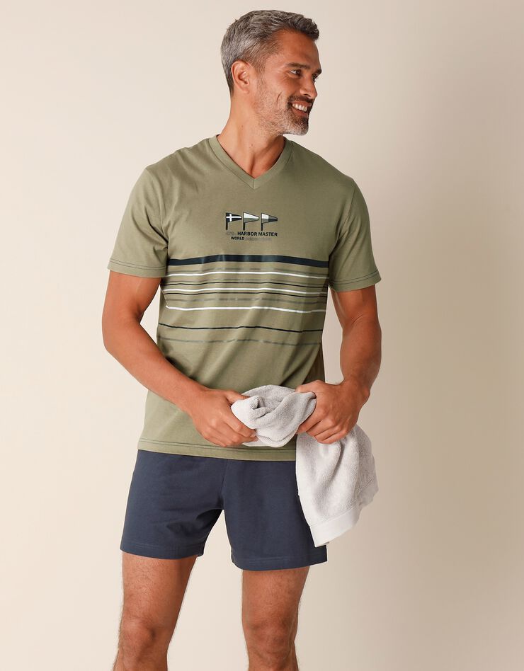 Pyjama short col V coton adouci (tilleul / marine)