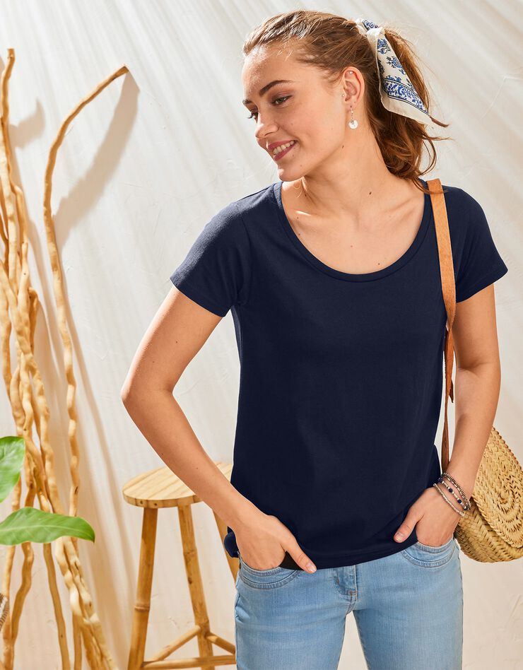 Tee-shirt col rond manches courtes uni coton (marine) Tee-shirt col rond manches courtes uni coton (marine)
