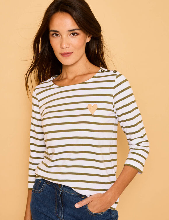 T-shirt marinière broderie coeur doré en coton biologique(**) (blanc / kaki)