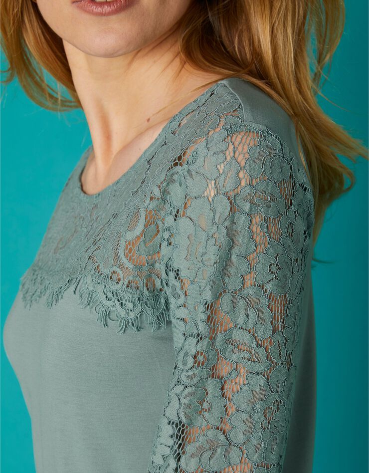 Tee-shirt col rond manches longues, dentelle jersey (kaki) Tee-shirt col rond manches longues, dentelle jersey (kaki)