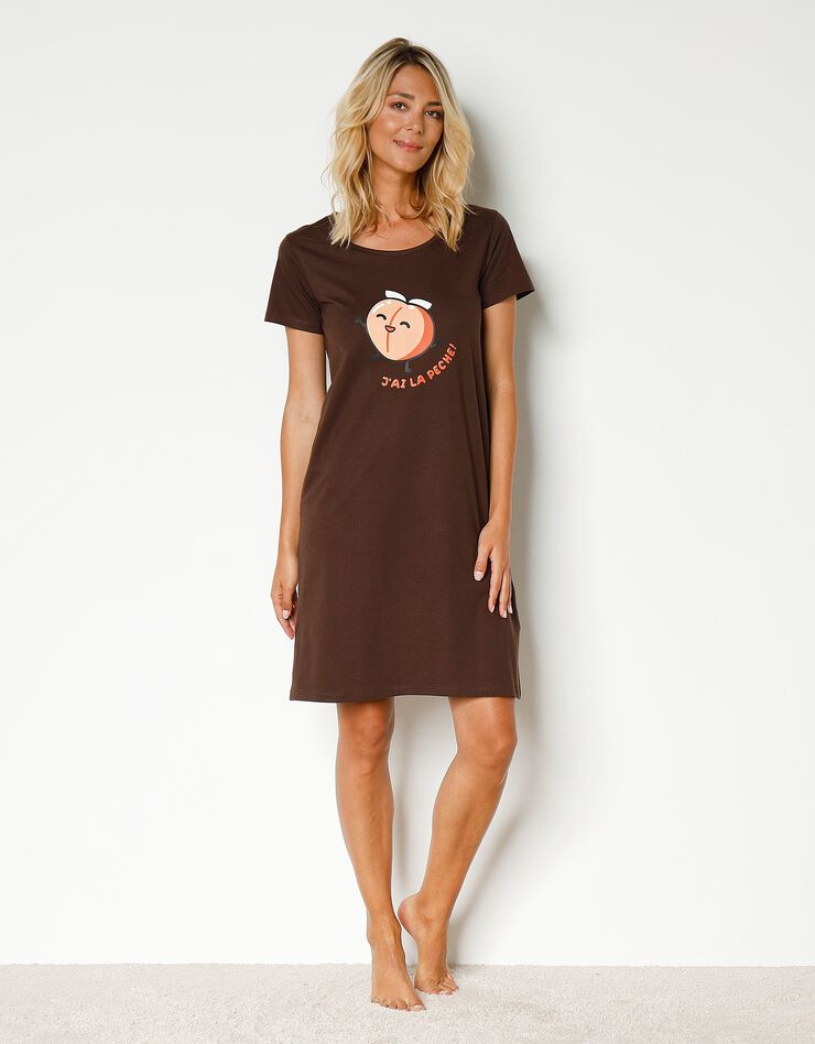 Chemise de nuit courte manches courtes motif "J'ai la pêche !" (chocolat) Chemise de nuit courte manches courtes motif "J'ai la pêche !" (chocolat)