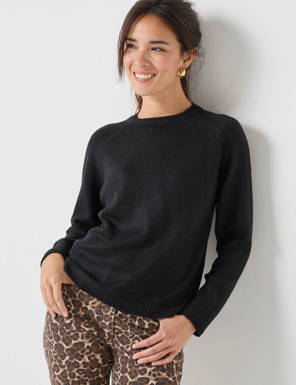 Pull col rond, maille fantaisie toucher doux (noir)