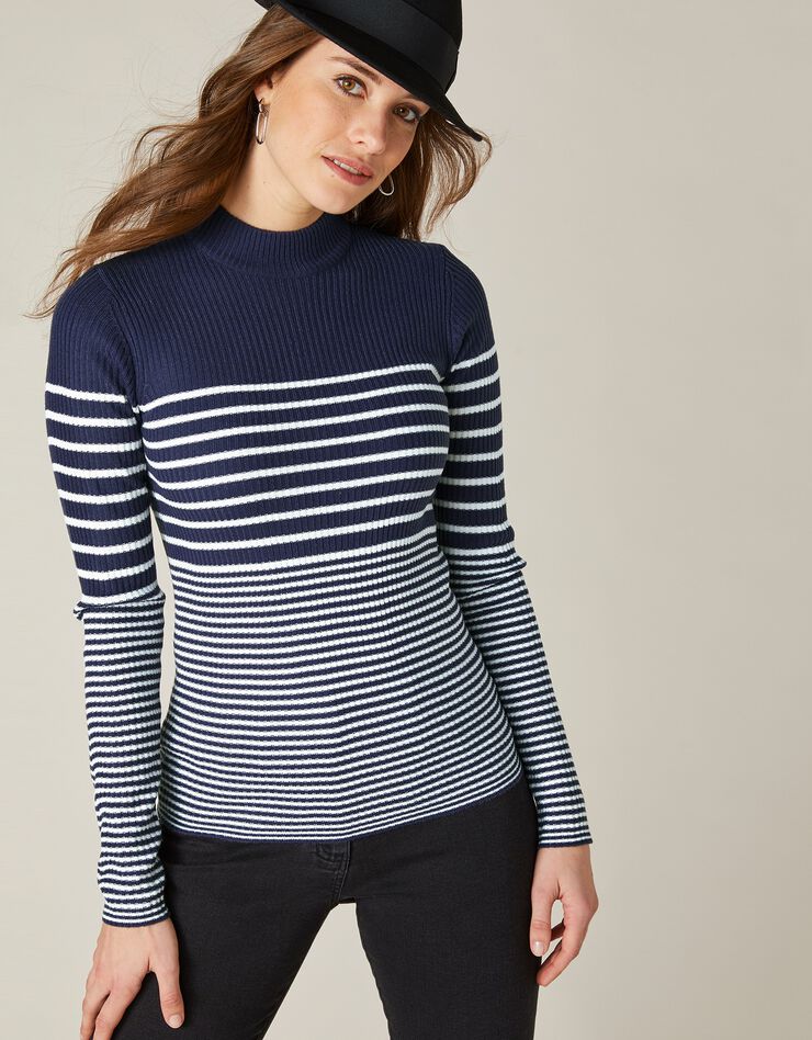 Pull col montant rayé bicolore maille côtelée (marine / écru) Pull col montant rayé bicolore maille côtelée (marine / écru)