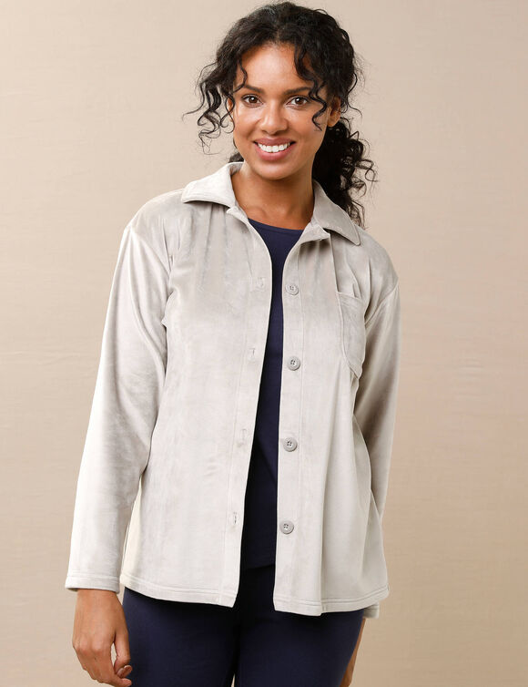 Veste de pyjama boutonnée, en velours gratté (taupe)