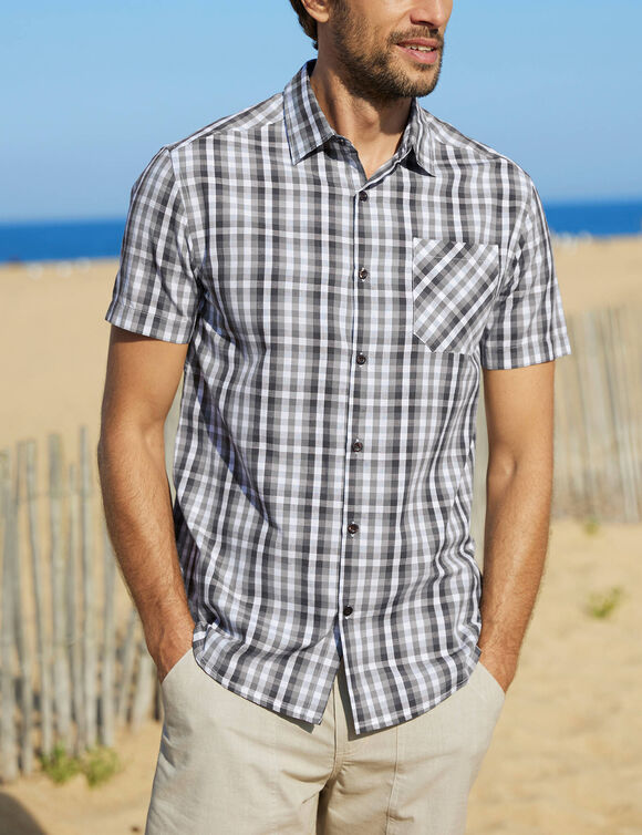  Chemise &agrave; carreaux manches courtes polycoton (gris)