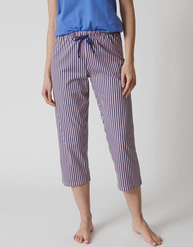 Pantacourt pyjama coton imprimé rayures (marine)