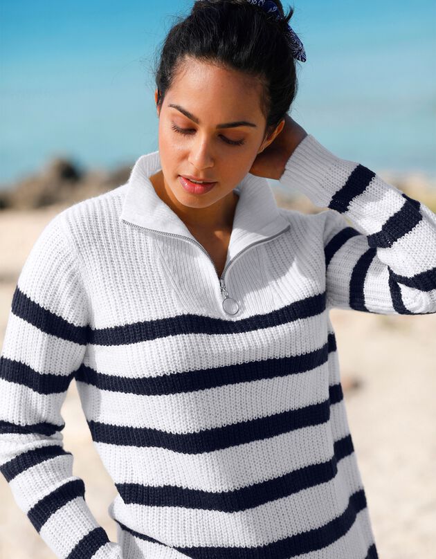 Pull rayé col zippé, maille anglaise toucher mohair (écru / marine)