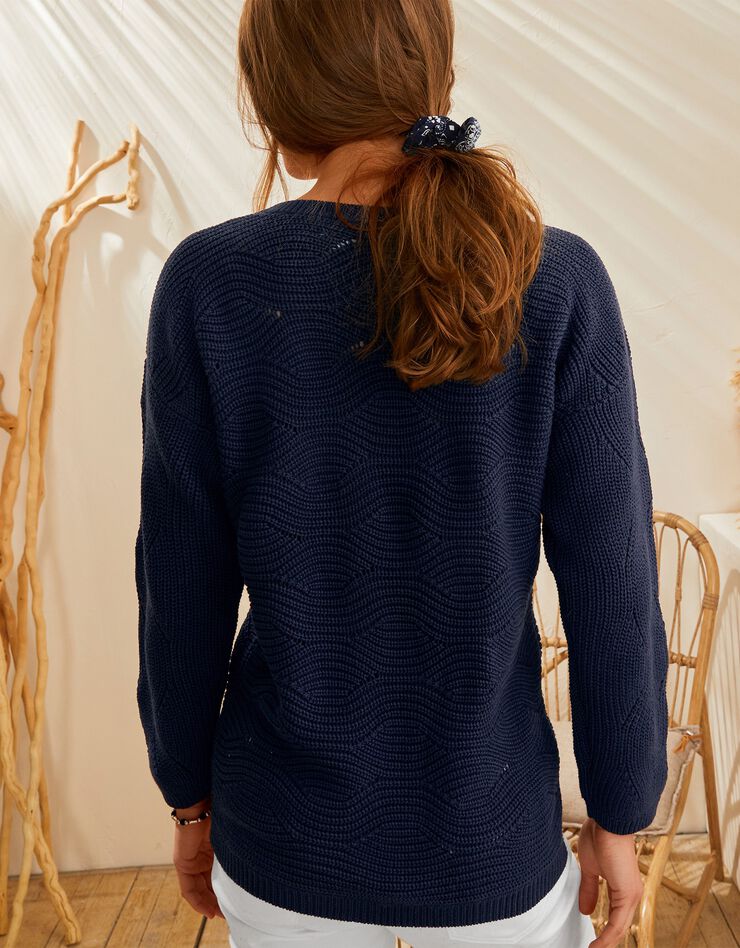 Pull manches longues, maille fantaisie (marine) Pull manches longues, maille fantaisie (marine)