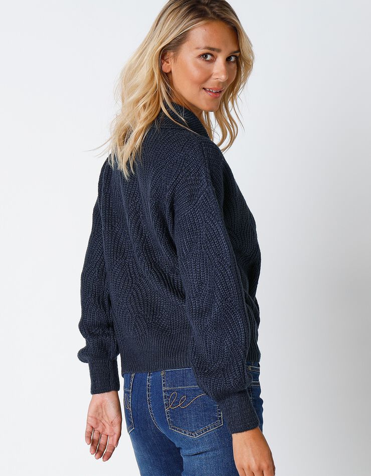 Cardigan maille fantaisie manches blousantes avec col (marine) Cardigan maille fantaisie manches blousantes avec col (marine)