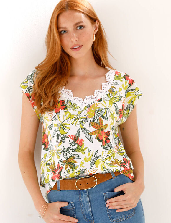 T-shirt imprim&eacute;, col V macram&eacute; (blanc / anis)