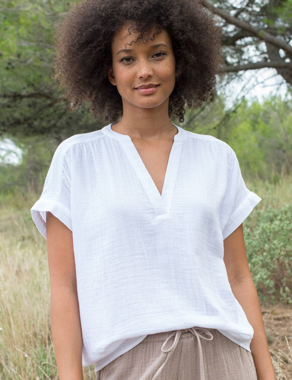 Blouse col tunisien unie en double gaze de coton  (blanc)