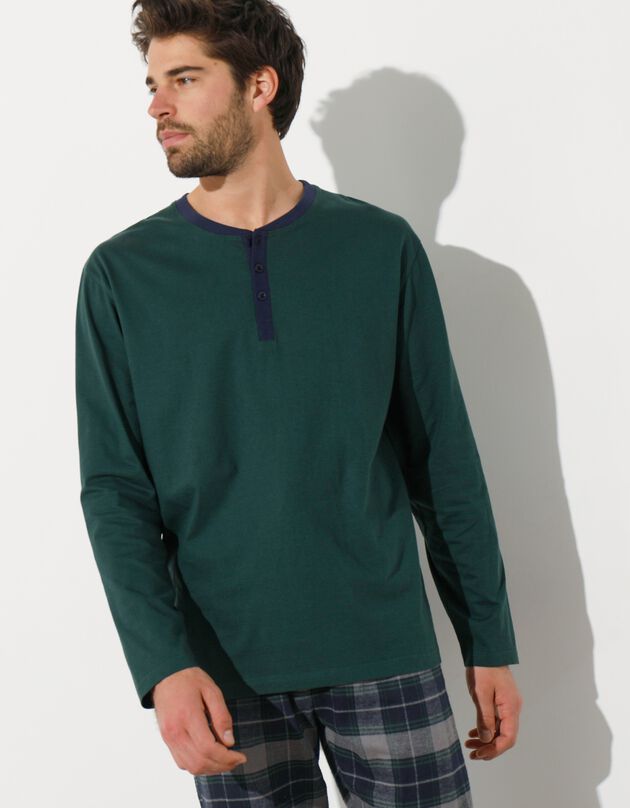T-shirt pyjama jersey col tunisien manches longues (vert)
