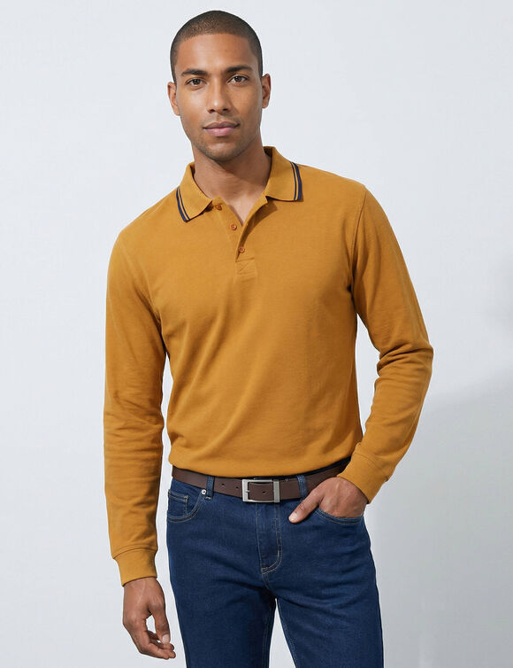 Polo uni maille piqu&eacute;e manches longues (miel)
