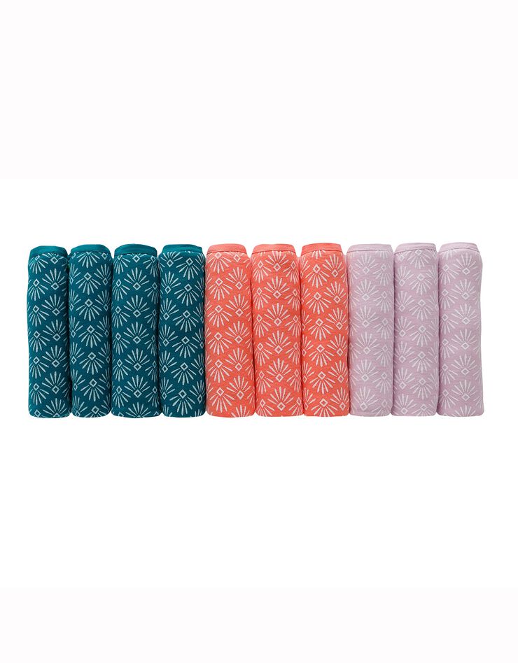 Culotte forme maxi en coton extensible imprimé – Lot de 10 (émeraude / corail) Culotte forme maxi en coton extensible imprimé – Lot de 10 (émeraude / corail)
