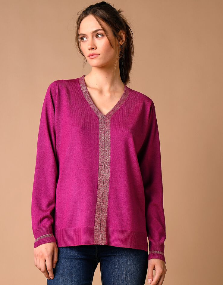 Pull col V toucher cachemire détails brillants (violine) Pull col V toucher cachemire détails brillants (violine)