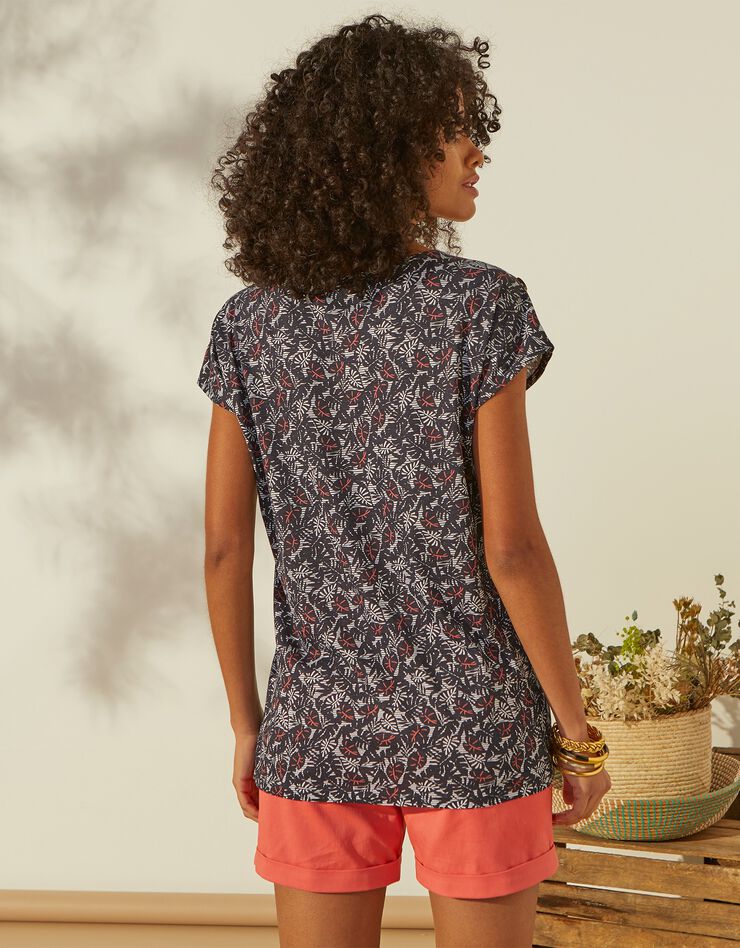 Tee-shirt imprimé col V, manches courtes et boutons sur épaules (marine) Tee-shirt imprimé col V, manches courtes et boutons sur épaules (marine)