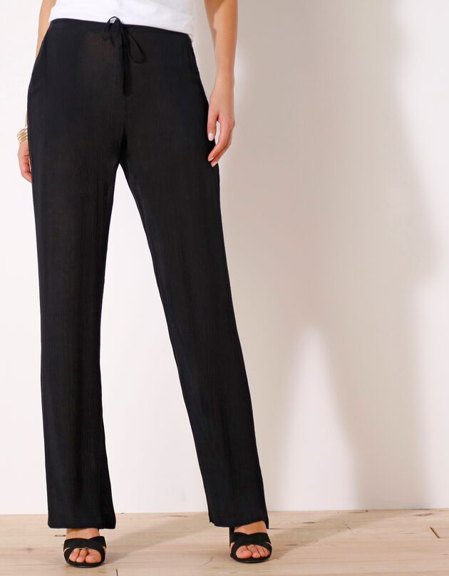 Pantalon droit uni, crépon fluide (noir)