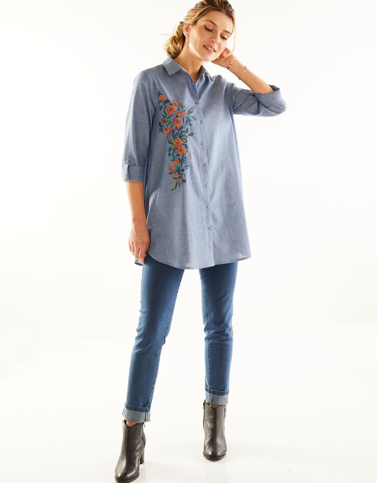 Tunique boutonnée brodée, chambray (chambray) Tunique boutonnée brodée, chambray (chambray)