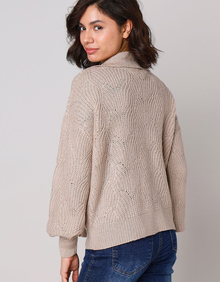Cardigan maille fantaisie manches blousantes avec col (grège) Cardigan maille fantaisie manches blousantes avec col (grège)