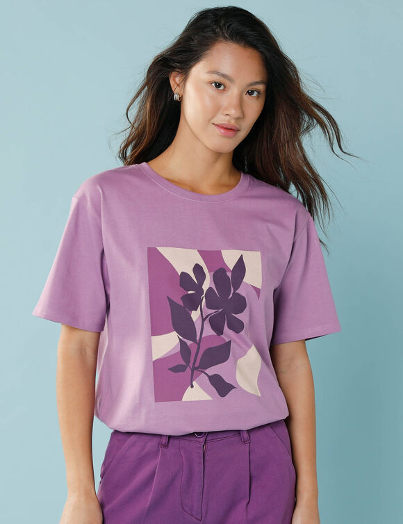 T-shirt manches courtes imprimé placé, Spécial Petites (violine)