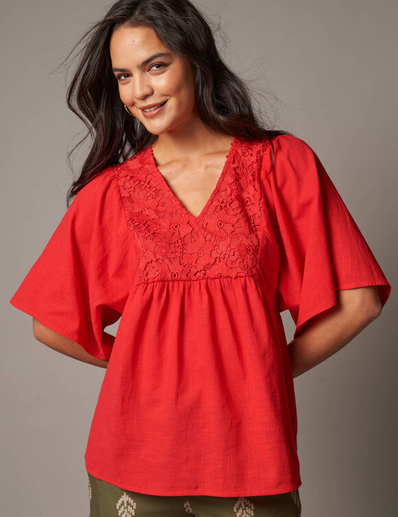 Tunique plastron fantaisie doubl&eacute;, manches kimono (rouge)