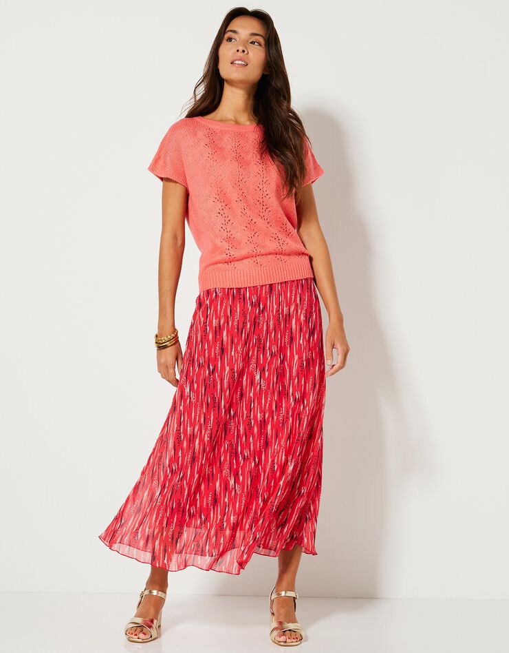 Pull manches courtes, maille ajourée toucher mohair (corail) Pull manches courtes, maille ajourée toucher mohair (corail)
